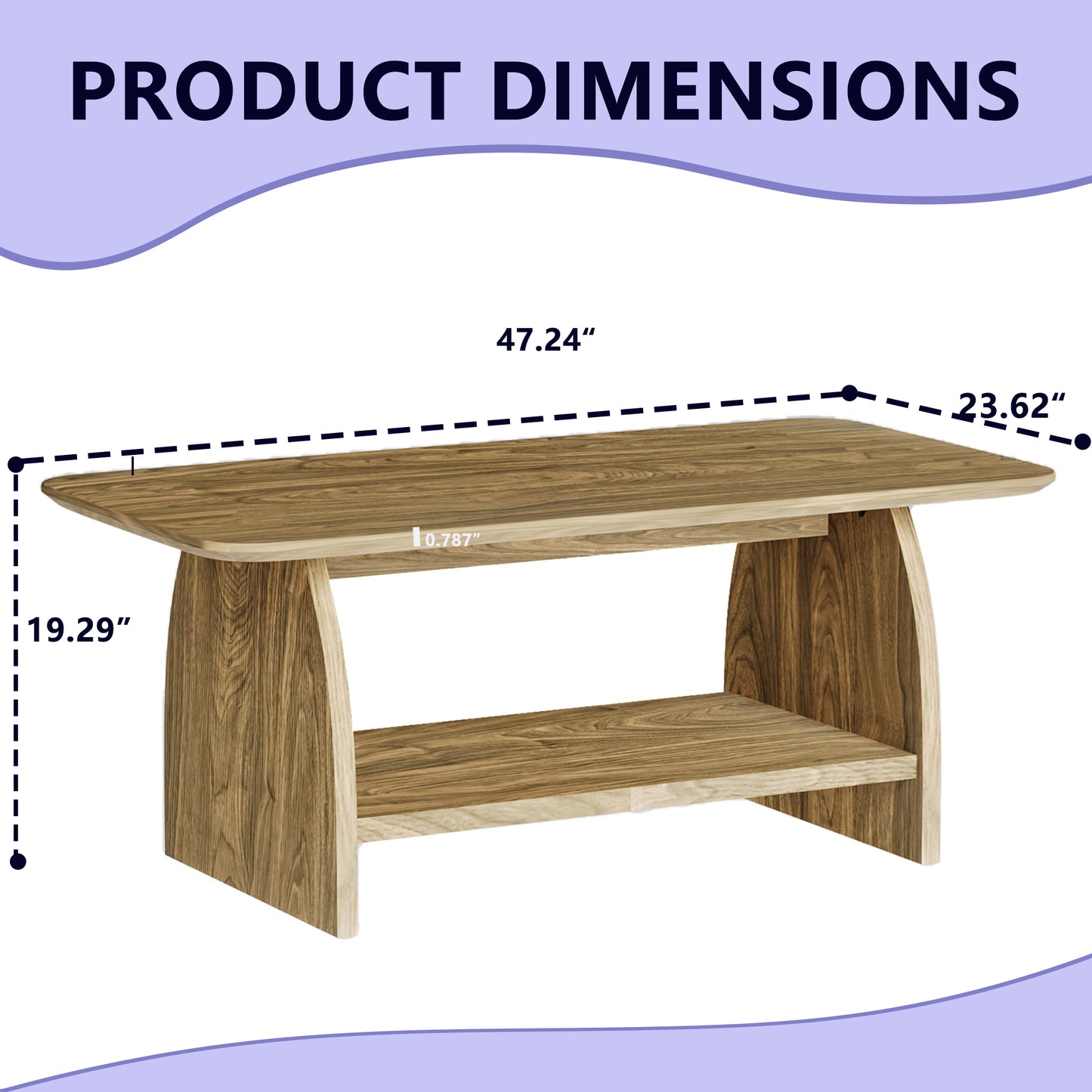 Double-layer rectangular coffee table with storage function, rounded corner design, MDF material