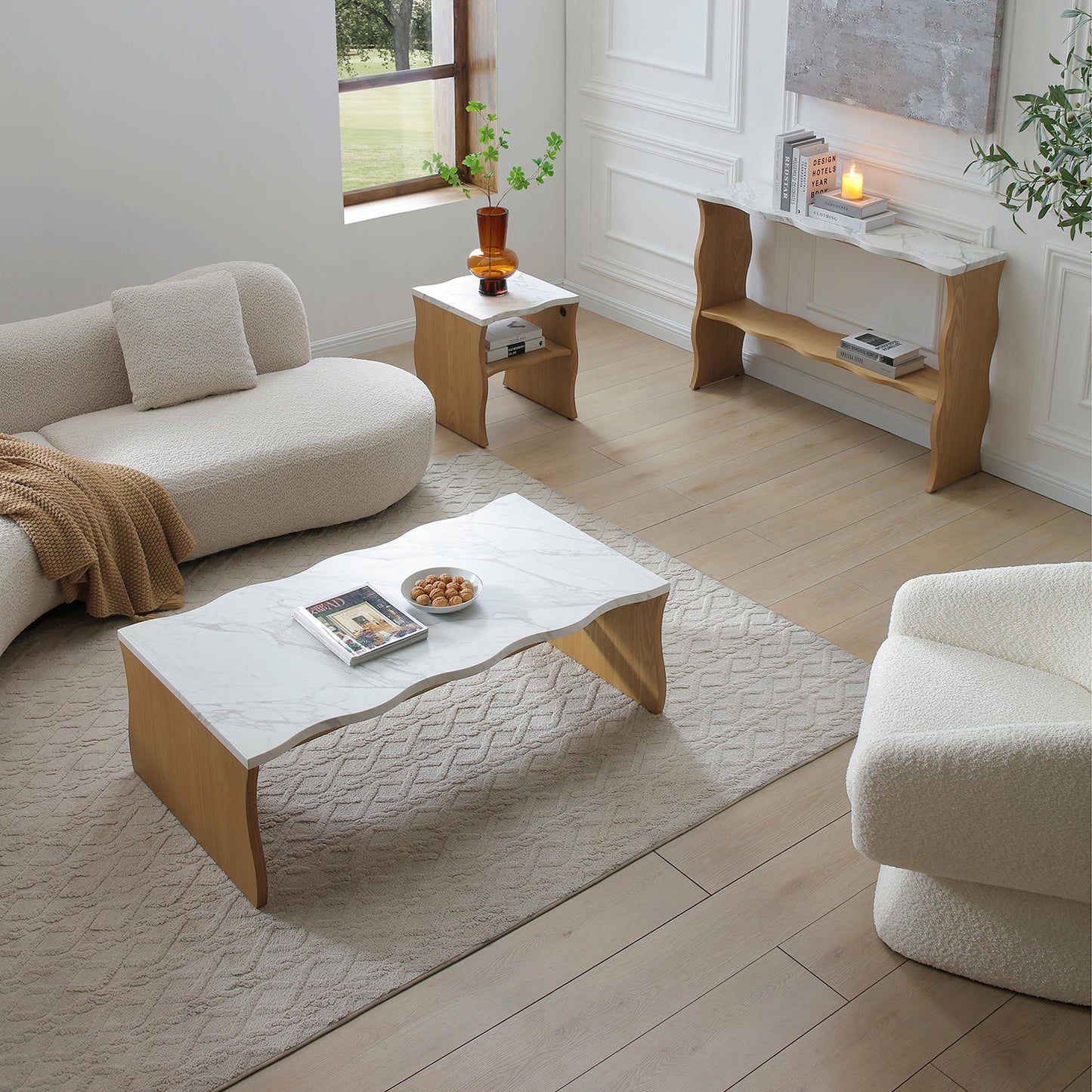 Modern Faux Marble Coffee Table  End Table Set | White Marble Top, Solid Wood Veneered Base – Flowing Wave Design, Natural/Walnut