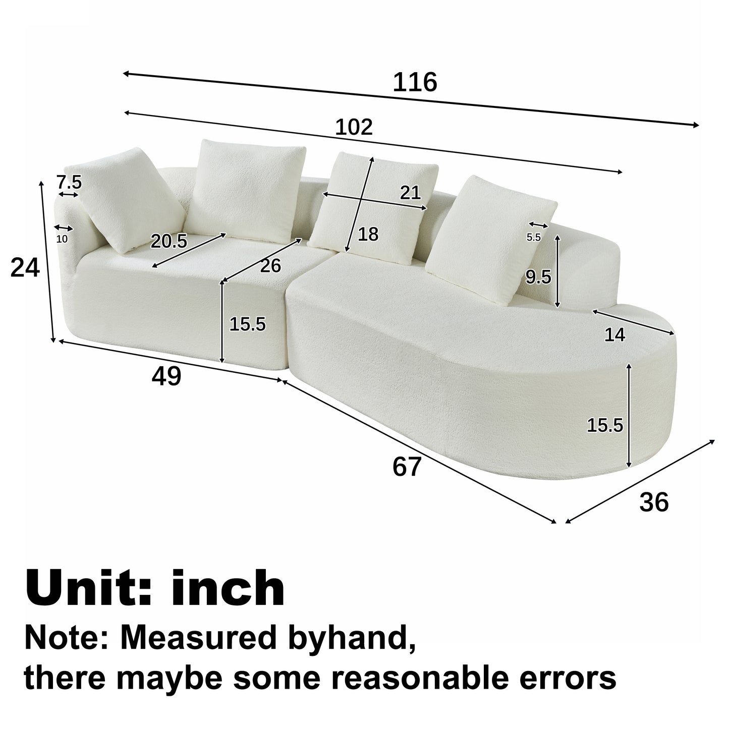 Fully Assembled 116" Modern Curved Sectional with Chaise: High - Density Compressed Sponge, Pearl Upholstery - Ideal for Living Rooms