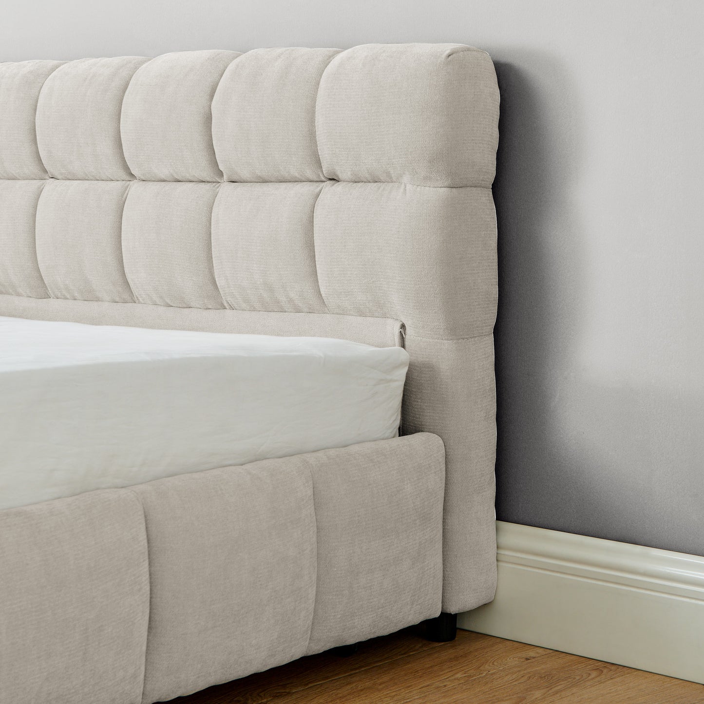California King size Upholstered Bed Frame, Chenille fabric with headboard and solid bed frame. With drawer for storage