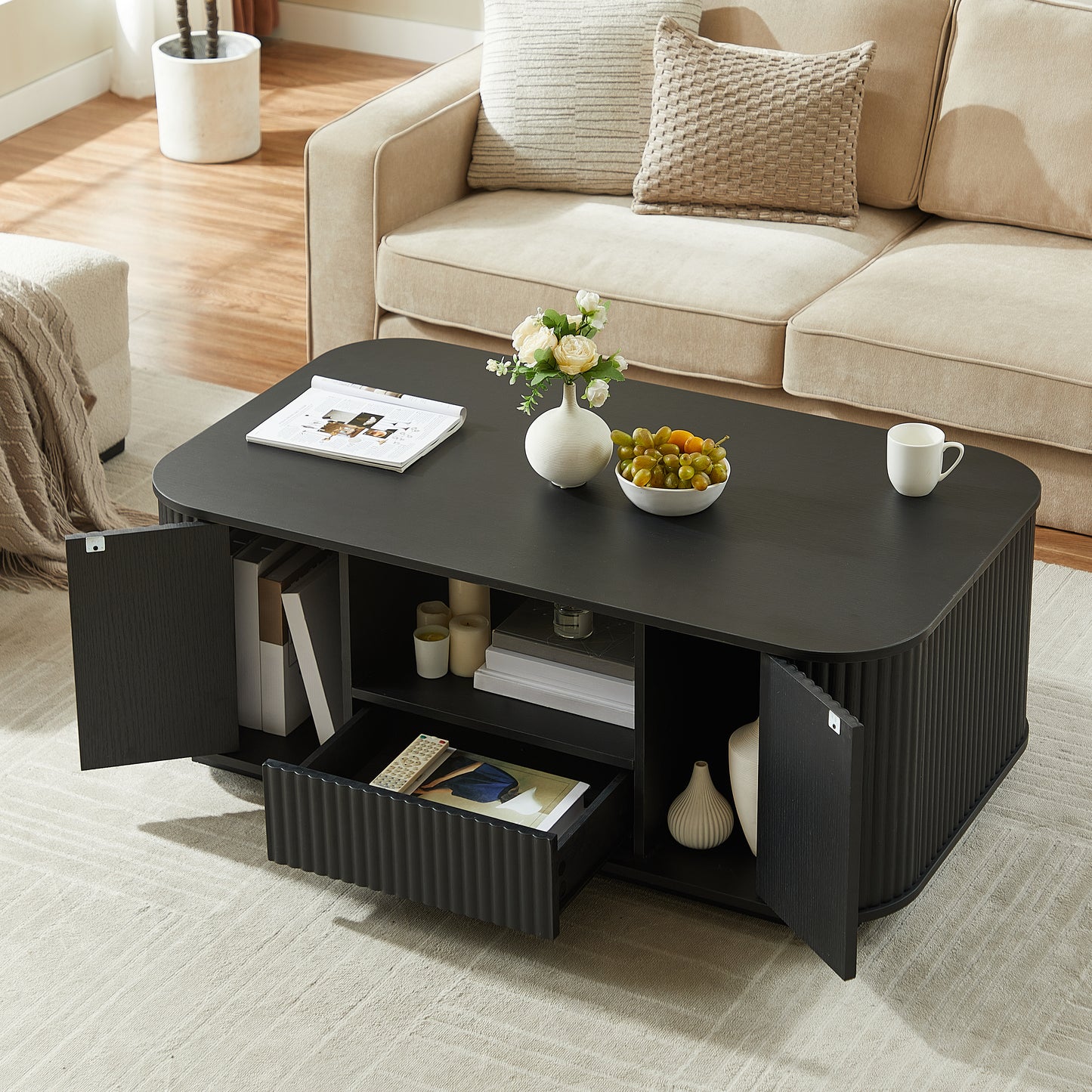 Modern Luxury Oval Coffee Table with Drawers & Storage – Curved Contour Design, Living Room Center Table