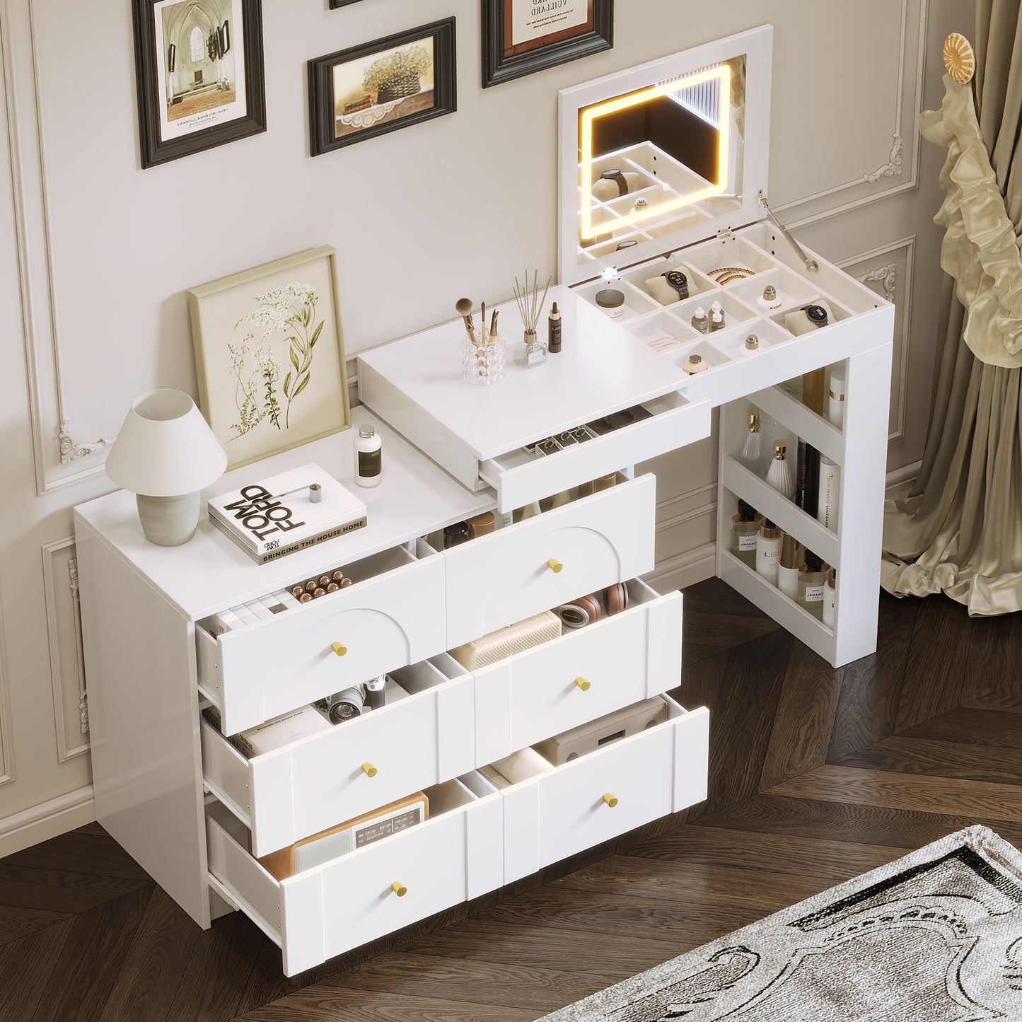 Vanity Desk with Mirror and Lights: Makeup Vanity with Flip - Top, 7 Drawers, 9 Compartments & 3 Shelves