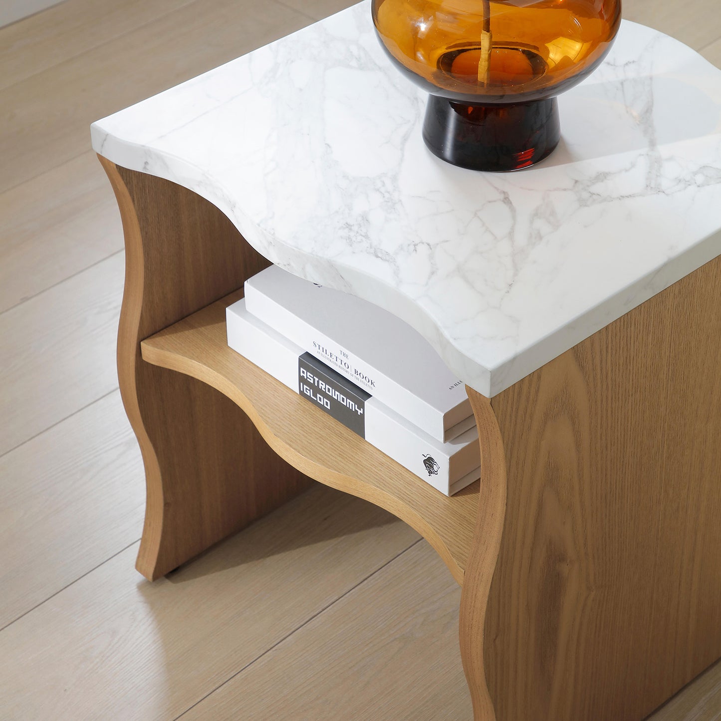 Modern Faux Marble Coffee Table  End Table Set | White Marble Top, Solid Wood Veneered Base – Flowing Wave Design, Natural/Walnut