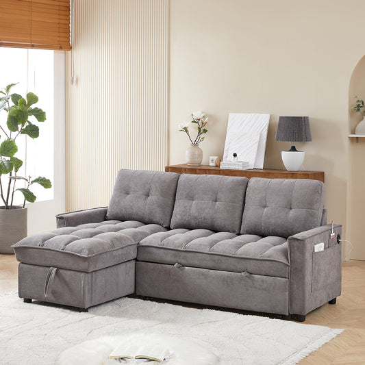 Pull-Out Sofa Bed with USB and tape-c charging ports, L-Shaped Sectional Sofa with Reclining Storage and Arm Side Organizer Pocket Features