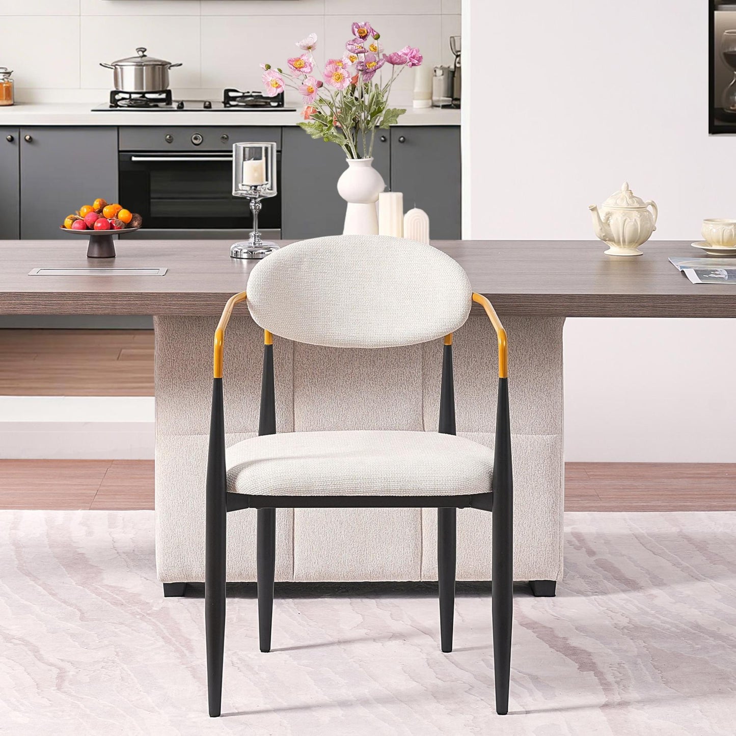 Modern Upholstered Dining Chair with Gold-Accented Armrests Set of 2