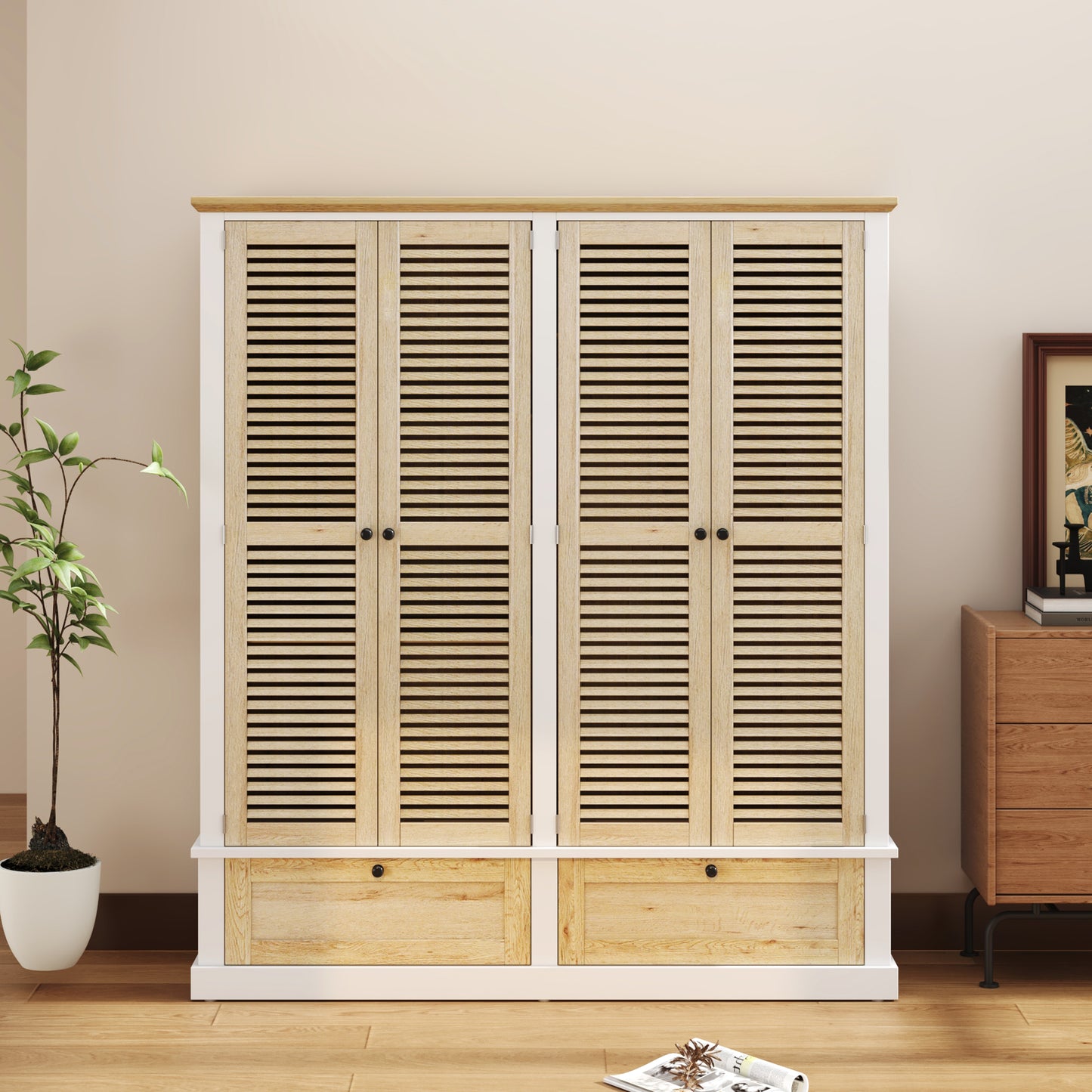 4 - Shutter Door Wardrobe Armoire: 2 Drawers for Organized Storage