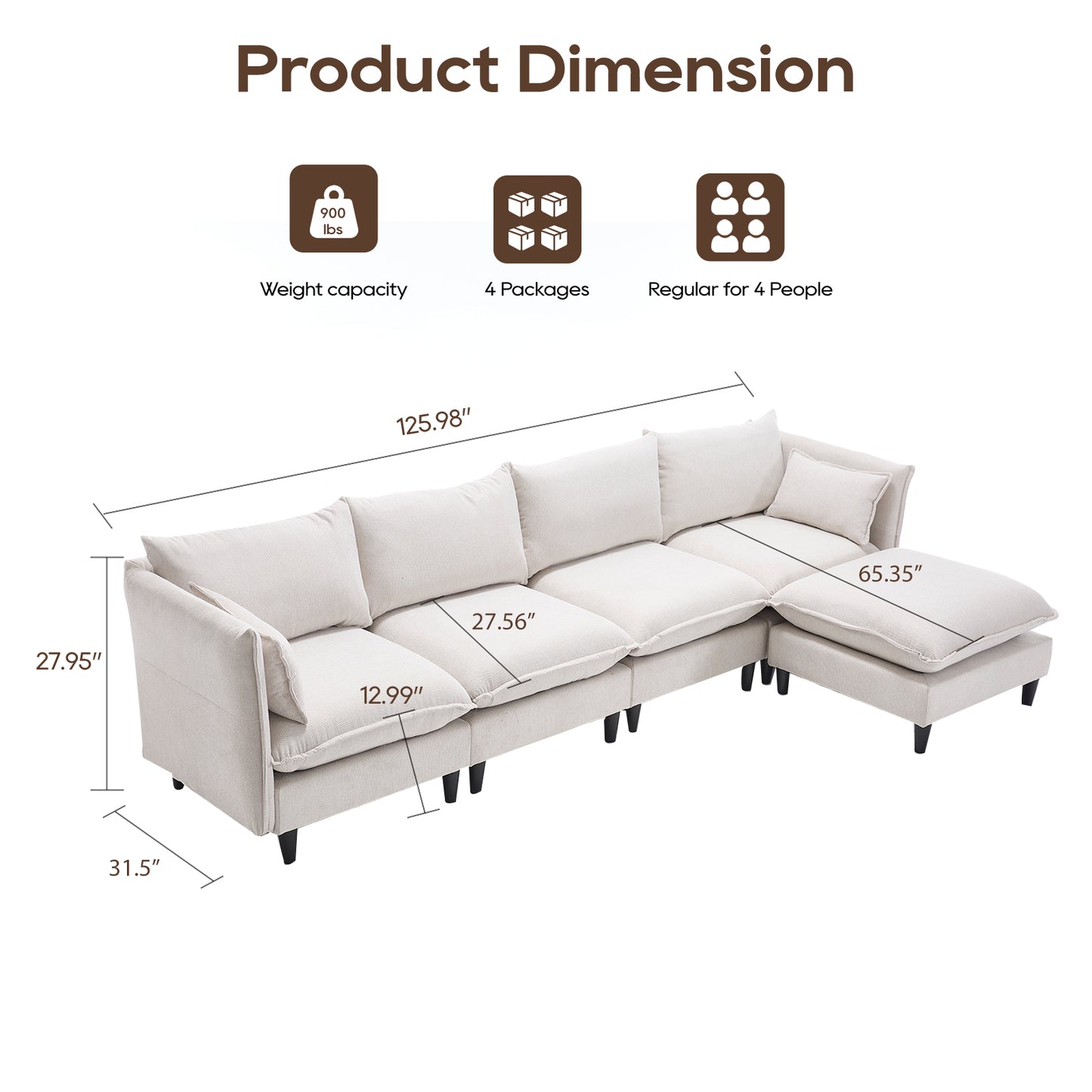 Modular L - Shaped Sectional Sofa for Living Room: 4 - Seater with Movable Ottoman 2 Colors