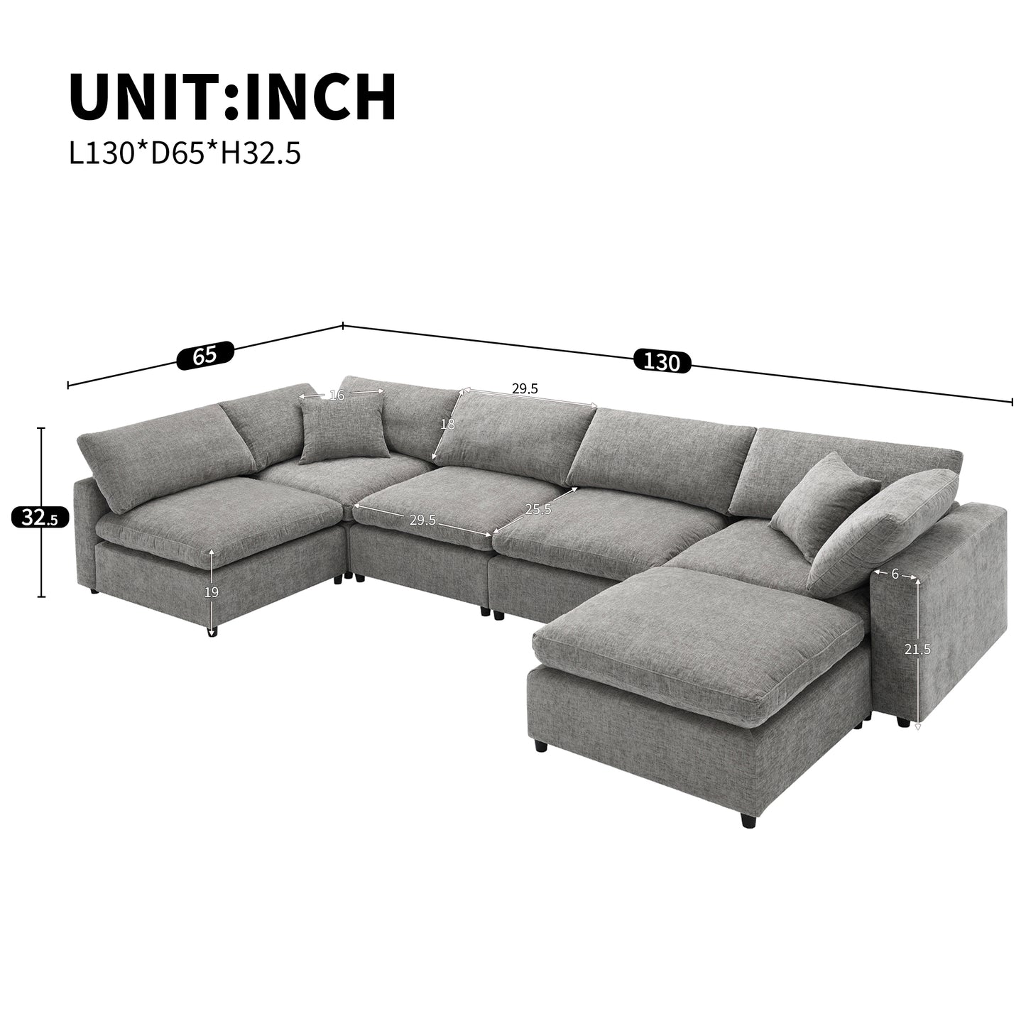 130" Modern Modular Cloud Sofa Bed: 6 - Seat Chenille Sectional with Ottoman, Free - Combo, U - Shaped Sleeper for Living Room