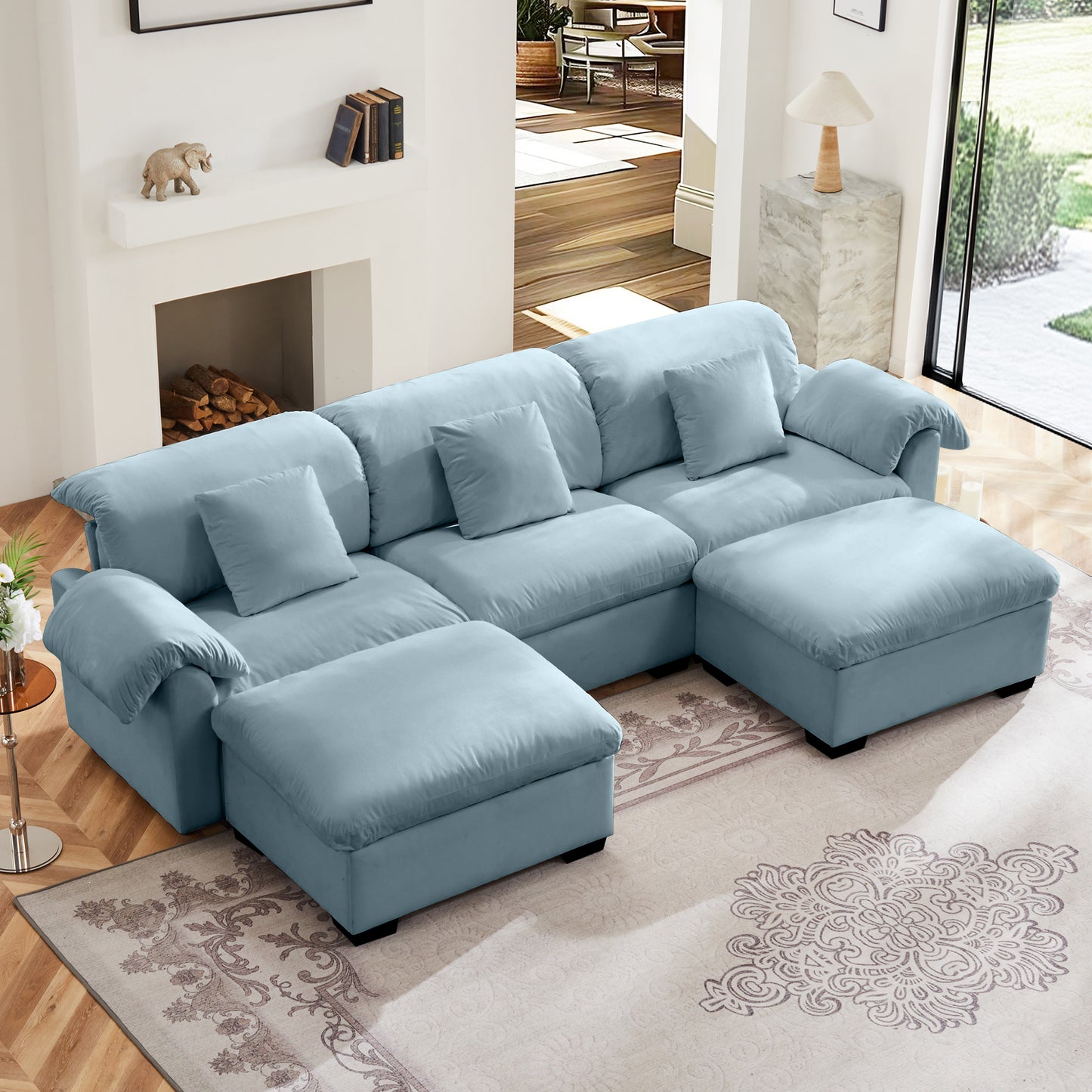 3 - 4 Seater Modular Sofa: U/L - Shape, Storage Ottomans, Velvet 2 Color