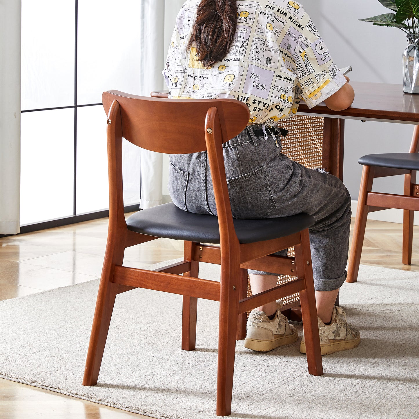 Ergonomic Solid Wood Chair: Small Curved Back, PU - Cushioned Comfort
