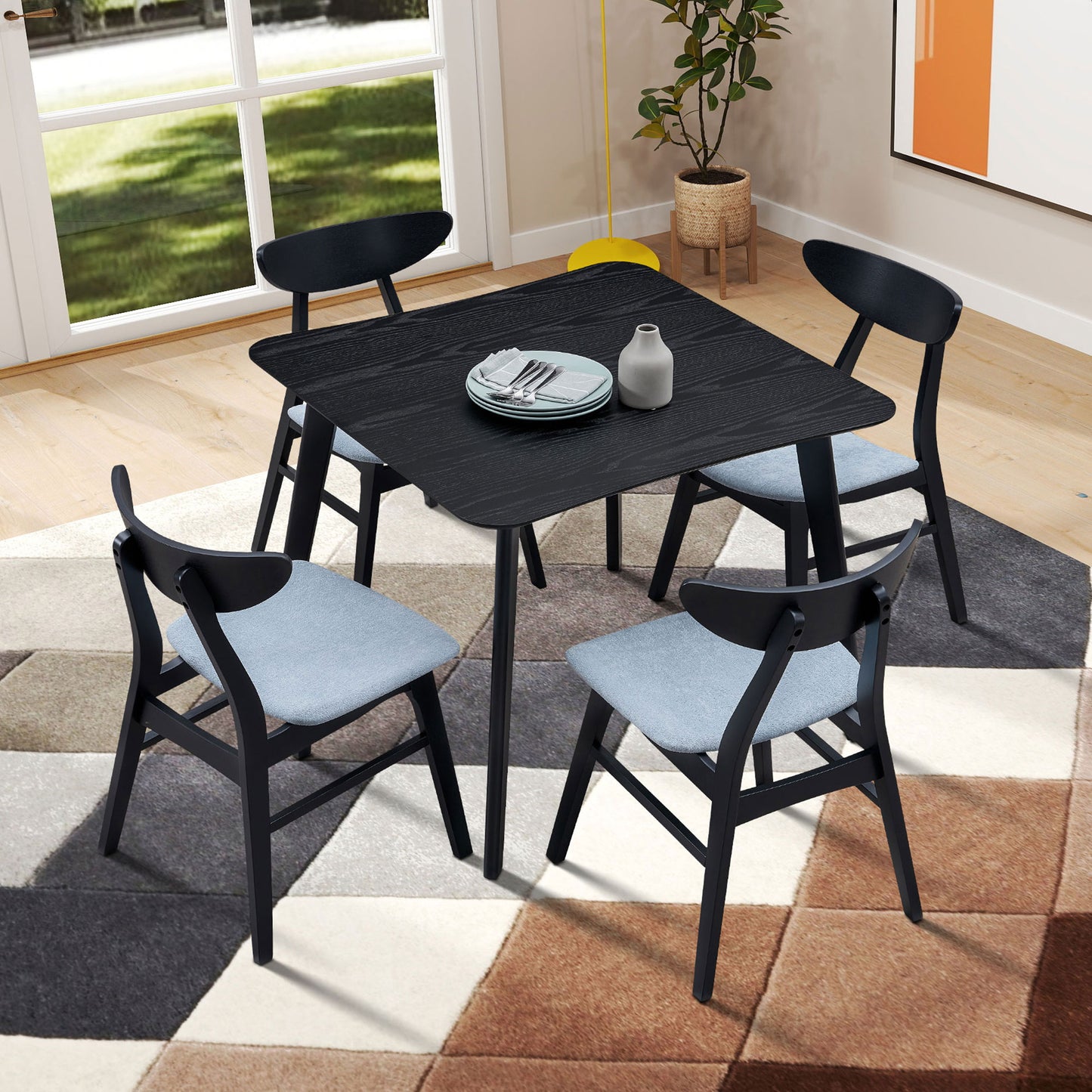 Wooden Kitchen Dining Set - Square, Upholstered Chair 3 Color-1 Table with 4 Chairs