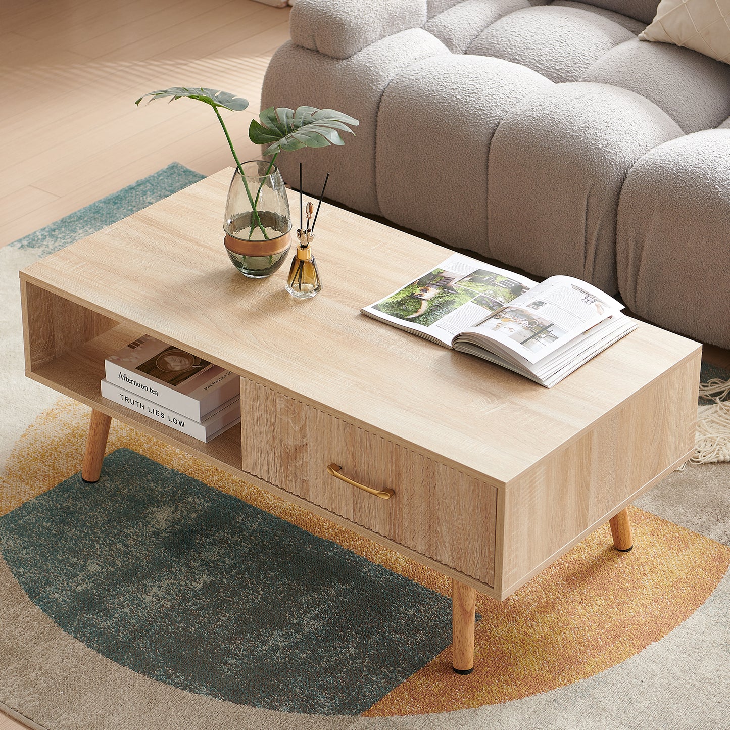 Coffee Table with Sliding Drawer: Rectangle Design, Solid Wood Legs-6 Colors