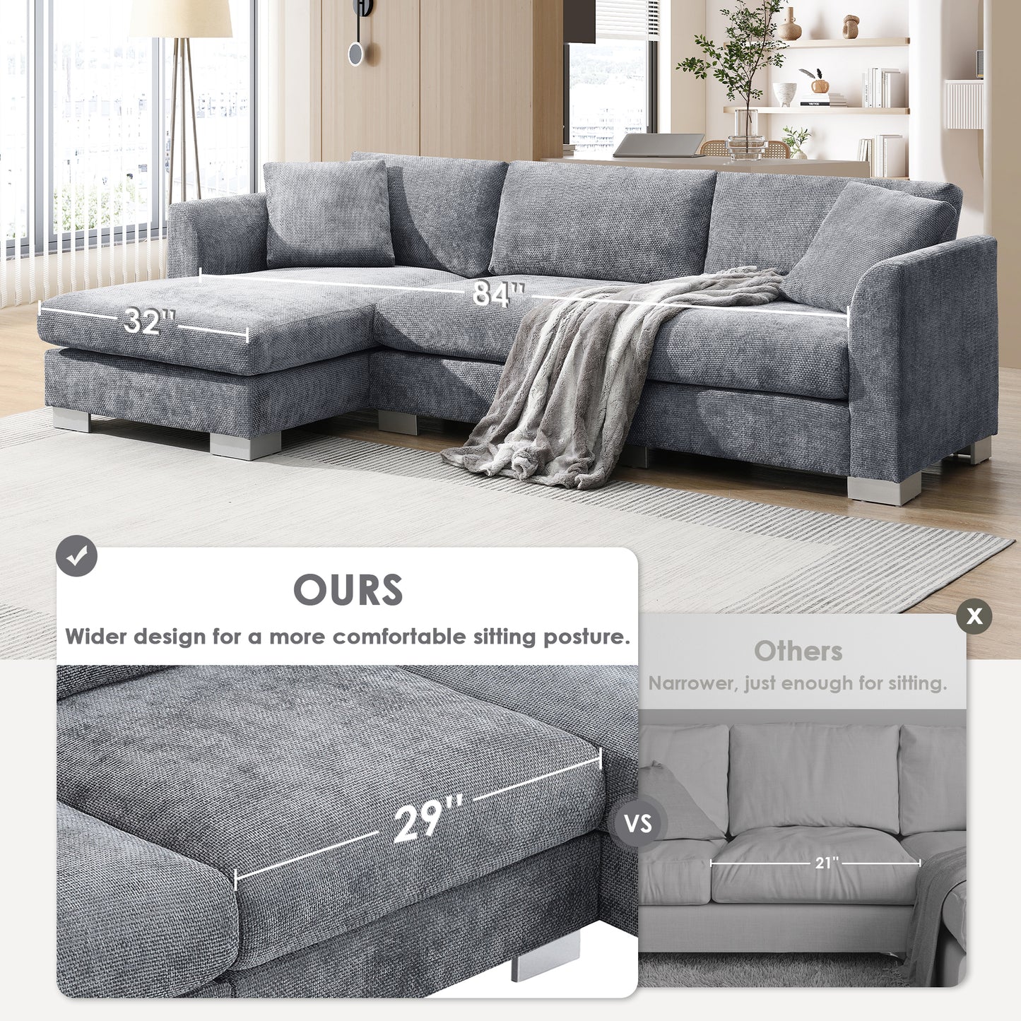 Modern 96*56" Cloud Sectional Sofa - 3 Colors for Home & Office