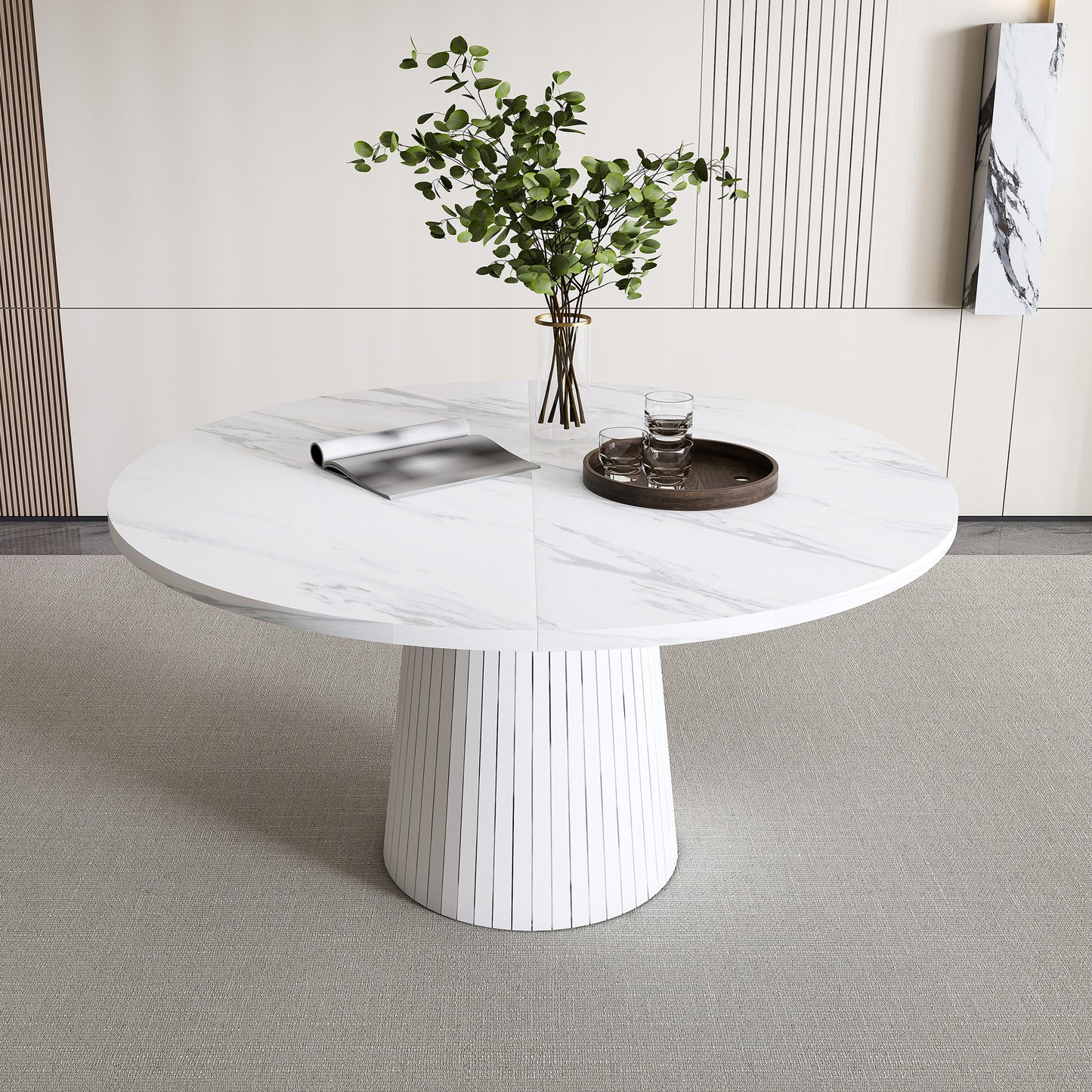 Round MDF Dining Table Modern Farmhouse Kitchen Table with Wood Strip Base