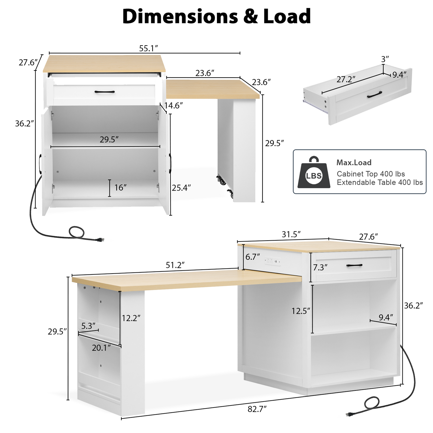 82.7 - inch Kitchen Island: Extendable Table for 4 - 6, Double - sized Storage & Power Outlet