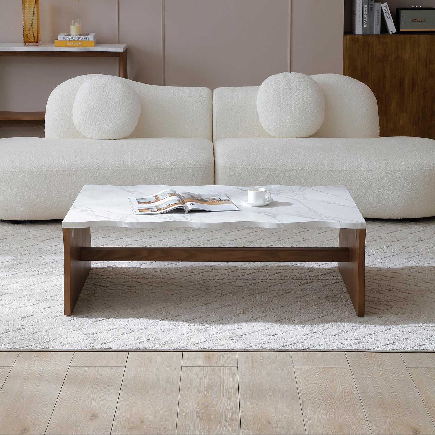 Modern Faux Marble Coffee Table  End Table Set | White Marble Top, Solid Wood Veneered Base – Flowing Wave Design, Natural/Walnut