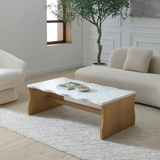 Modern Faux Marble Coffee Table  End Table Set | White Marble Top, Solid Wood Veneered Base – Flowing Wave Design, Natural/Walnut