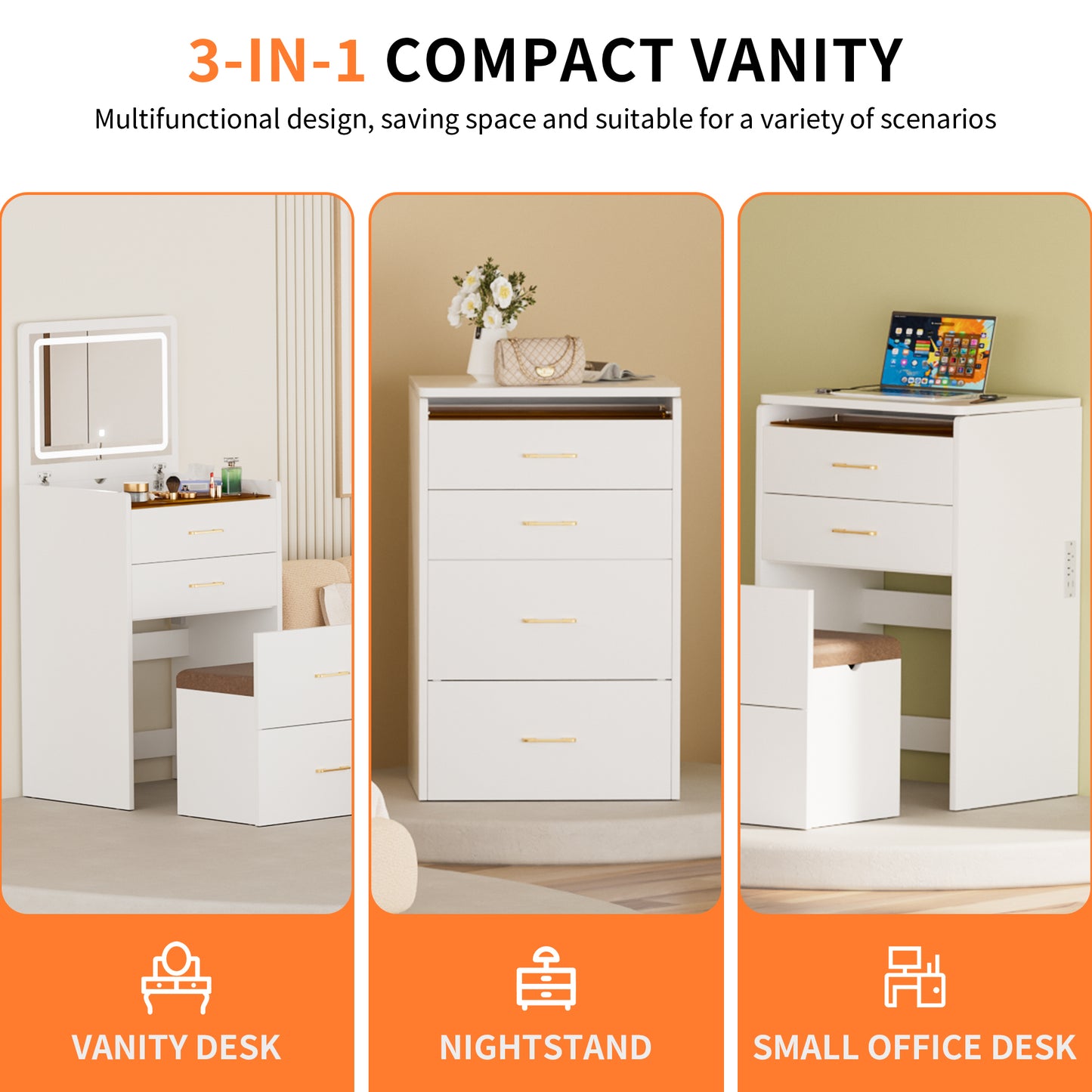 23.6'' Wide Makeup Vanity Table: Flip - Top Lighted, 3 - in - 1 with Storage Stool, Glass, LED, Power Outlet