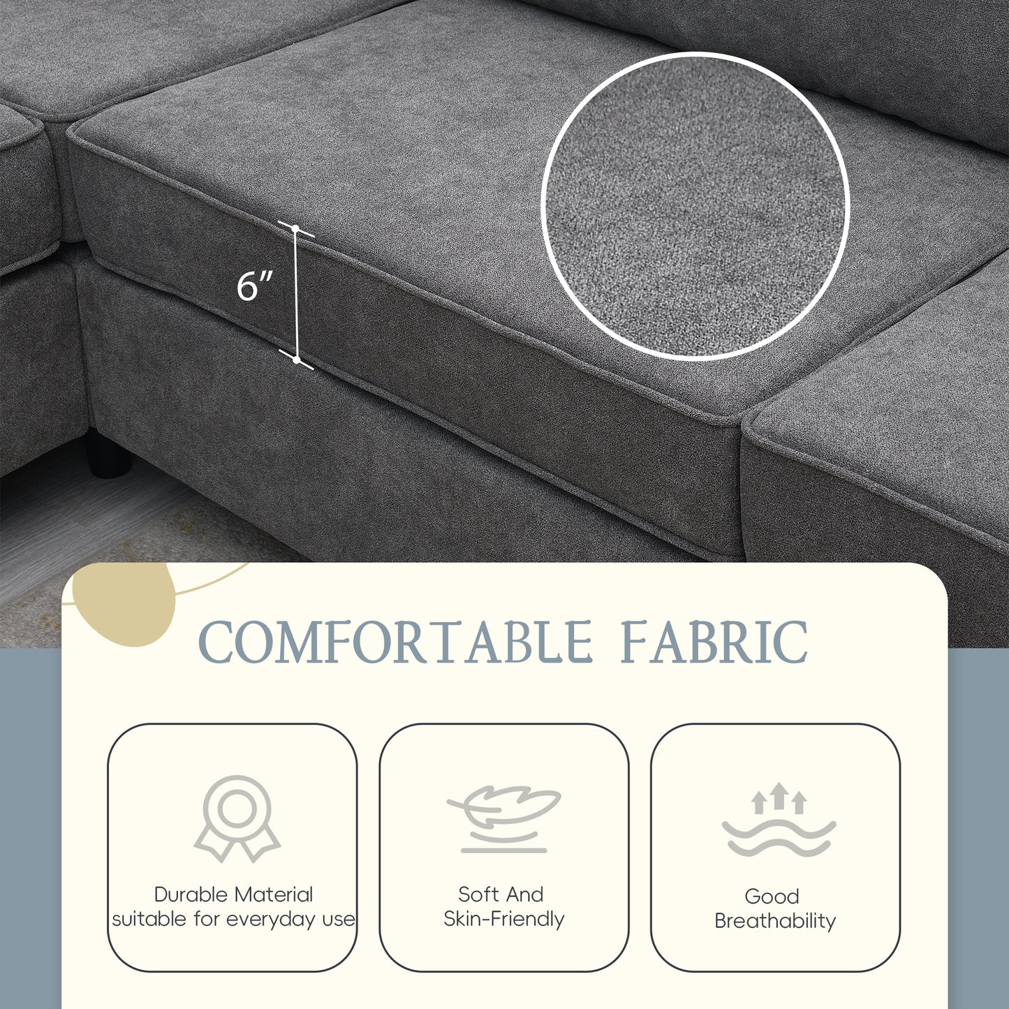 L - Shape Furniture Couch: 91*91", Modern Upholstery, 3 Pillows Dark Gray