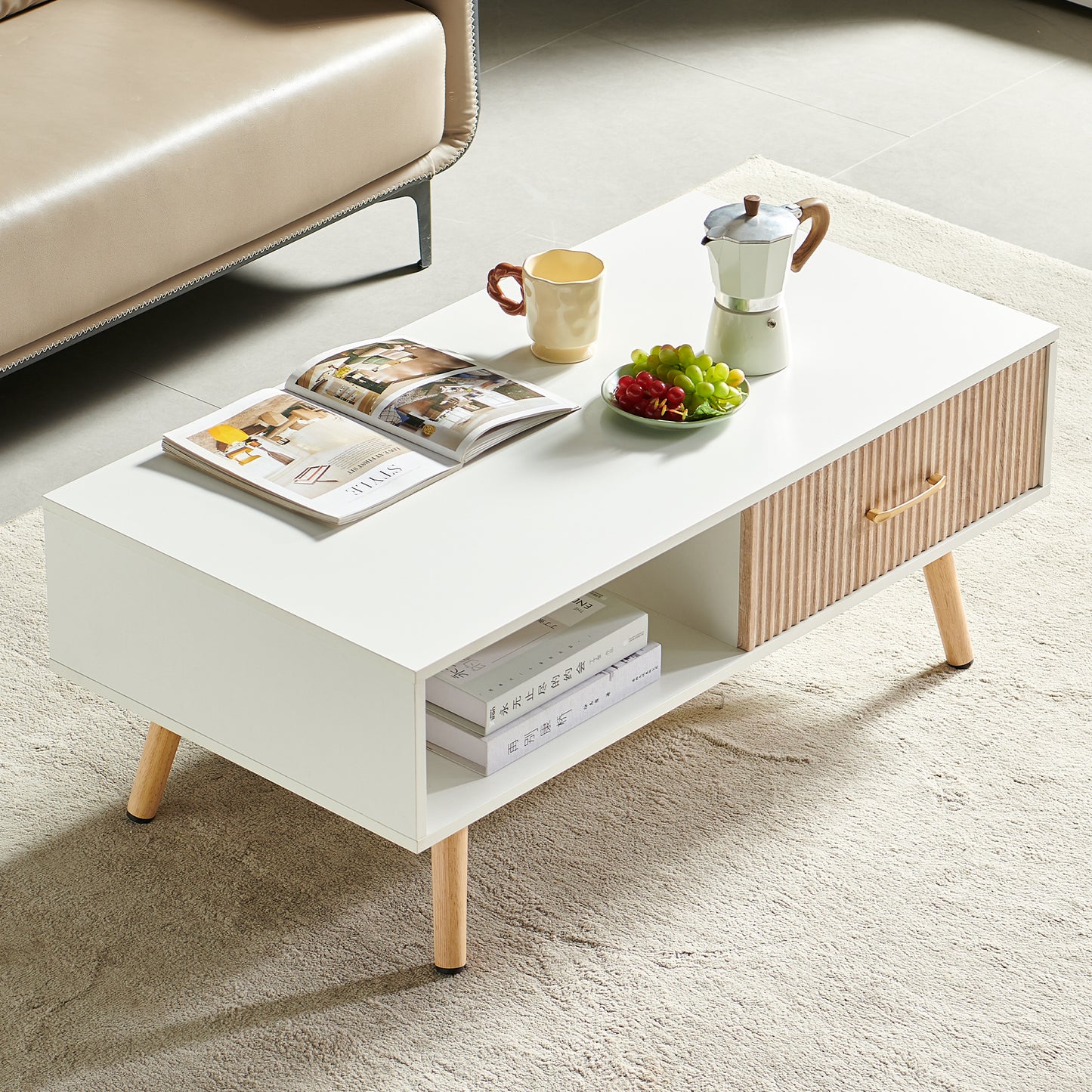 Coffee Table with Sliding Drawer: Rectangle Design, Solid Wood Legs-6 Colors
