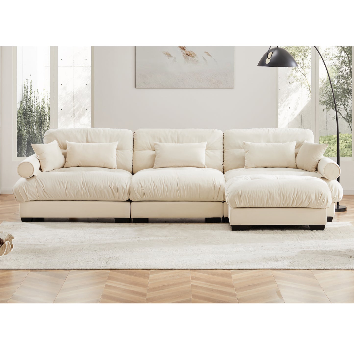 Deep Seat Cloud Couch in Cream: Modular Velvet Sectional with Bolstered Armrests 2-3-4 seats