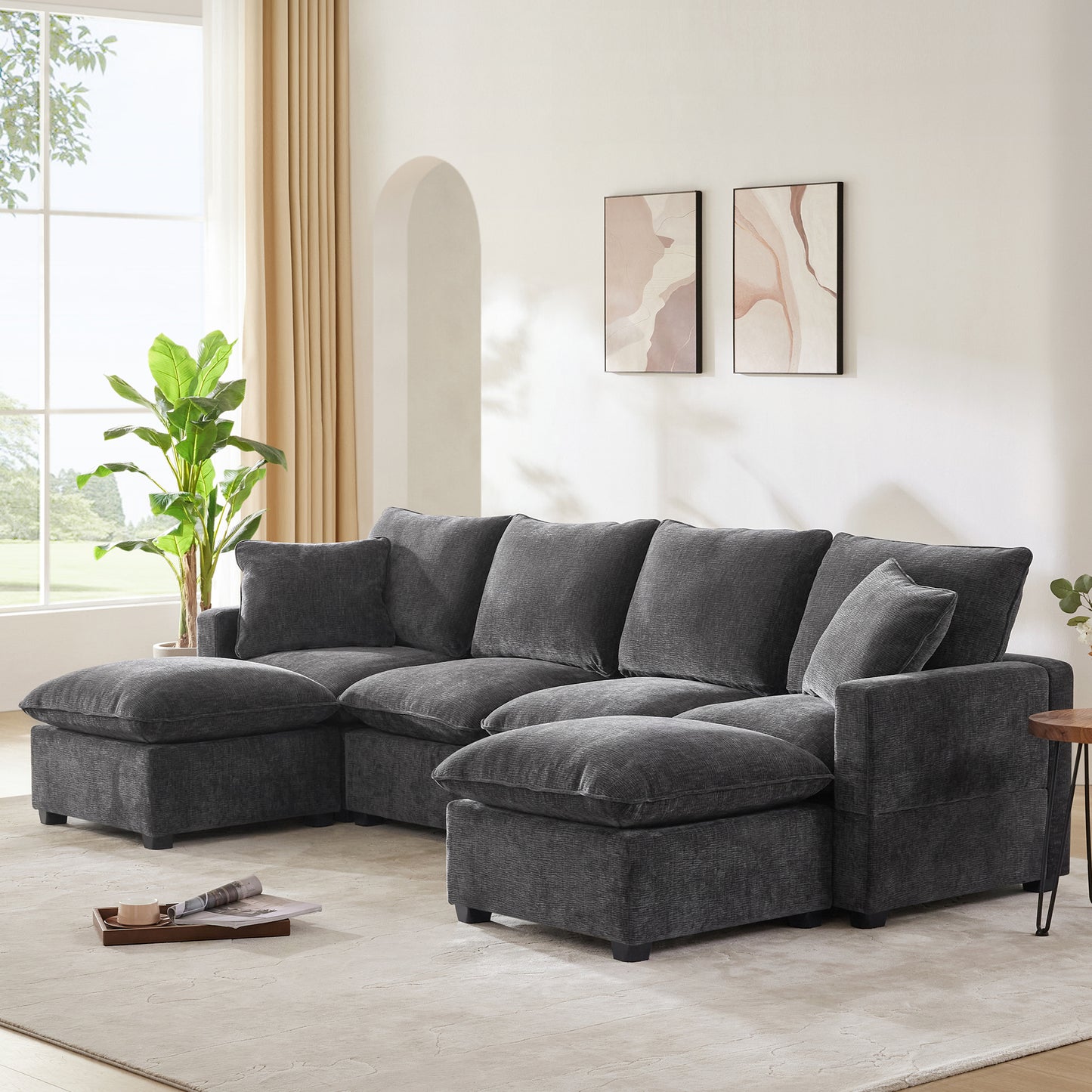 4-7 Seat Chenille Sectional Couch Set with 2 Pillows