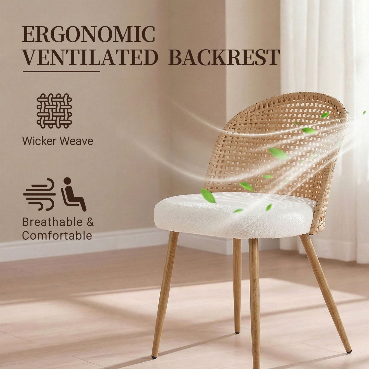 Sponge Seat Cushion Rattan Dining Chair with Backrest – Beige/Brown, Iron Frame