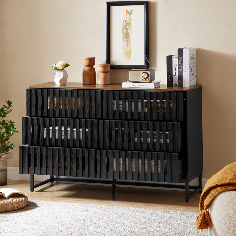 Modern Style Cabinet With Slatted Grille Striped Drawer & Door And Metal Leg
