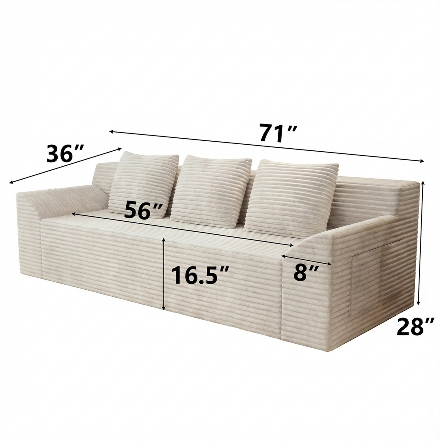 3 Setaser Sofa,Corduroy Fabric,Deep Seat Couches,Comfy Loveseat Sofa,No Assembly,1pcs for Living room, Bedroom
