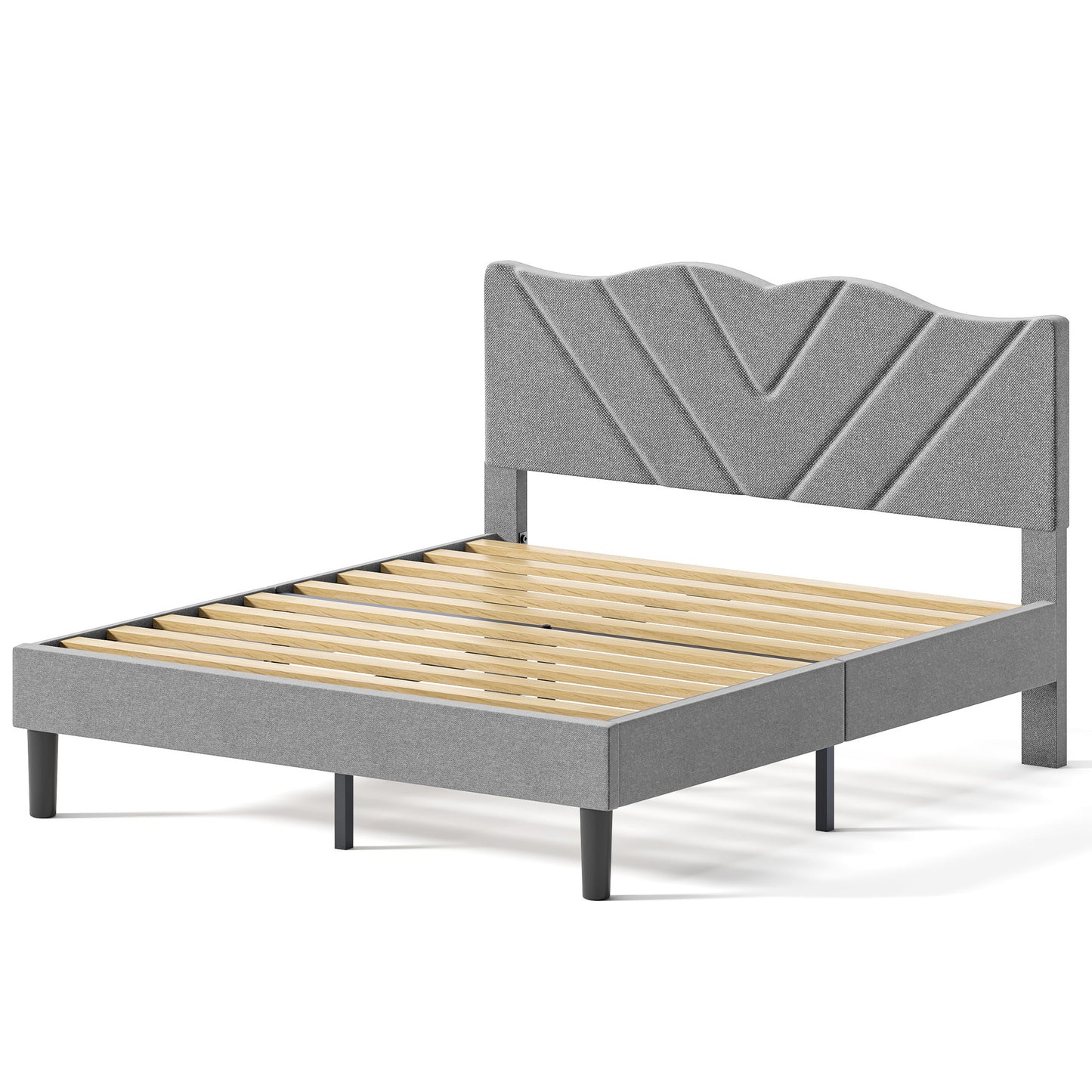 Modern Platform Bed Frame with Upholstered Headboard and Wooden Slats - Skip Box Spring, Easy Assembly