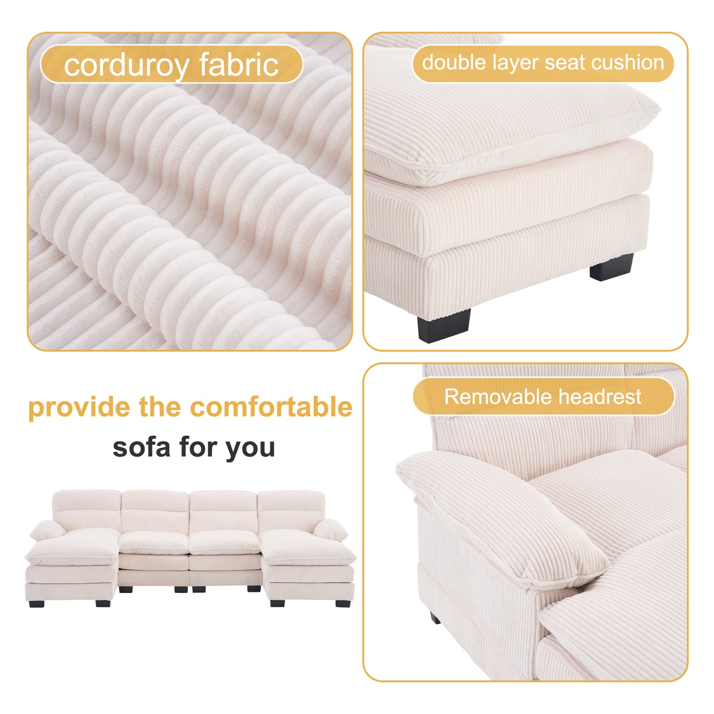 U - Shaped Corduroy Modular Sofa: 2 Single Seats + 2 Chaises for Spacious Comfort Beige