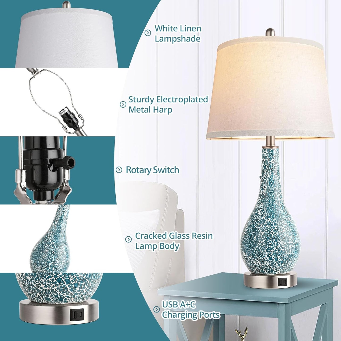 26" Coastal Blue Table Lamps - Set of 2 for Bedroom & Living Room Decor