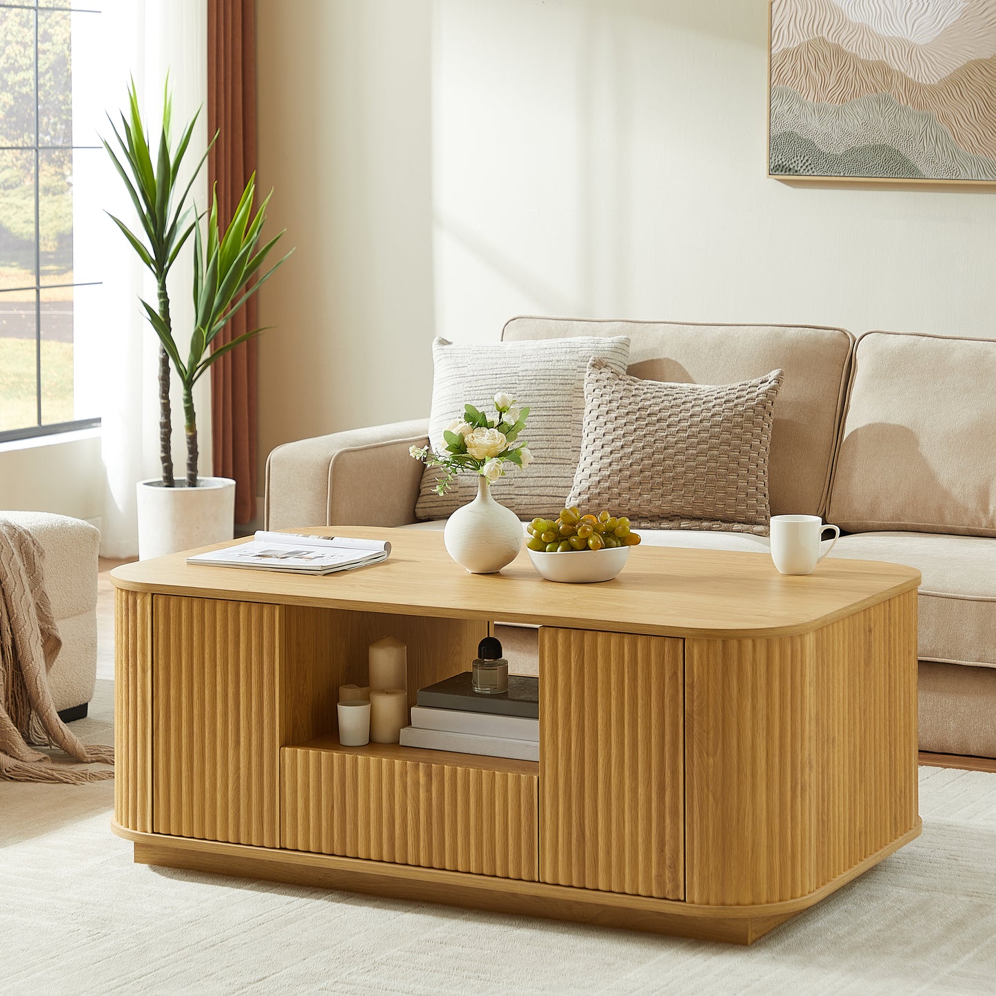 Modern Luxury Oval Coffee Table with Drawers & Storage – Curved Contour Design, Living Room Center Table