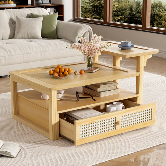 Modern Living Room Coffee Table: 1 Storage Shelf, 2 Tabletops & Rattan Drawer