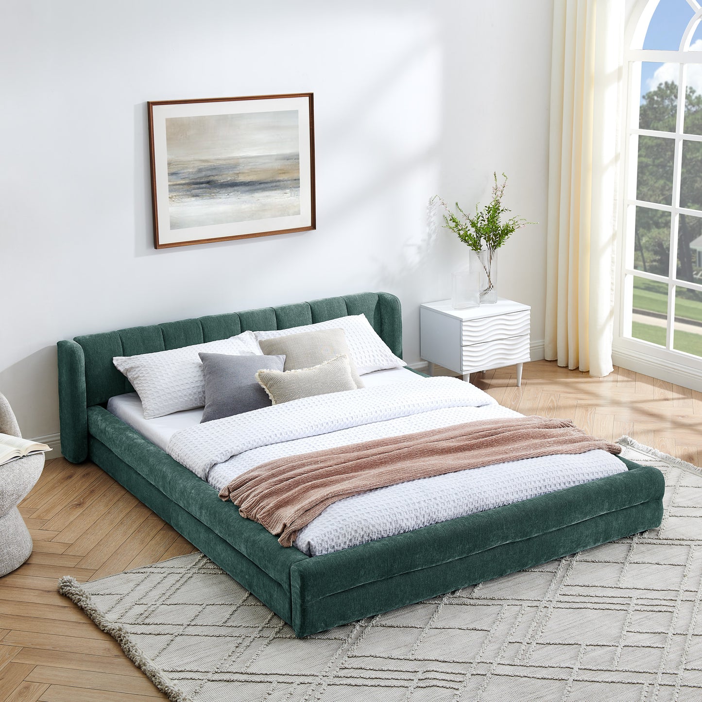 Queen Size Upholstered Bed Frame: Thick Chenille Fabric, Headboard & Solid Frame 3 Color