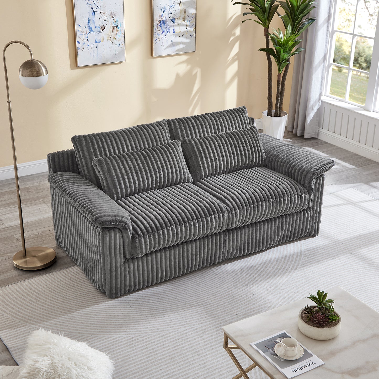Cloud Corduroy Loveseat Sofa – Modern 2-Seater Comfy Couch for Small Spaces, Living Room, Bedroom, Apartment (Gray/Orange/Green)