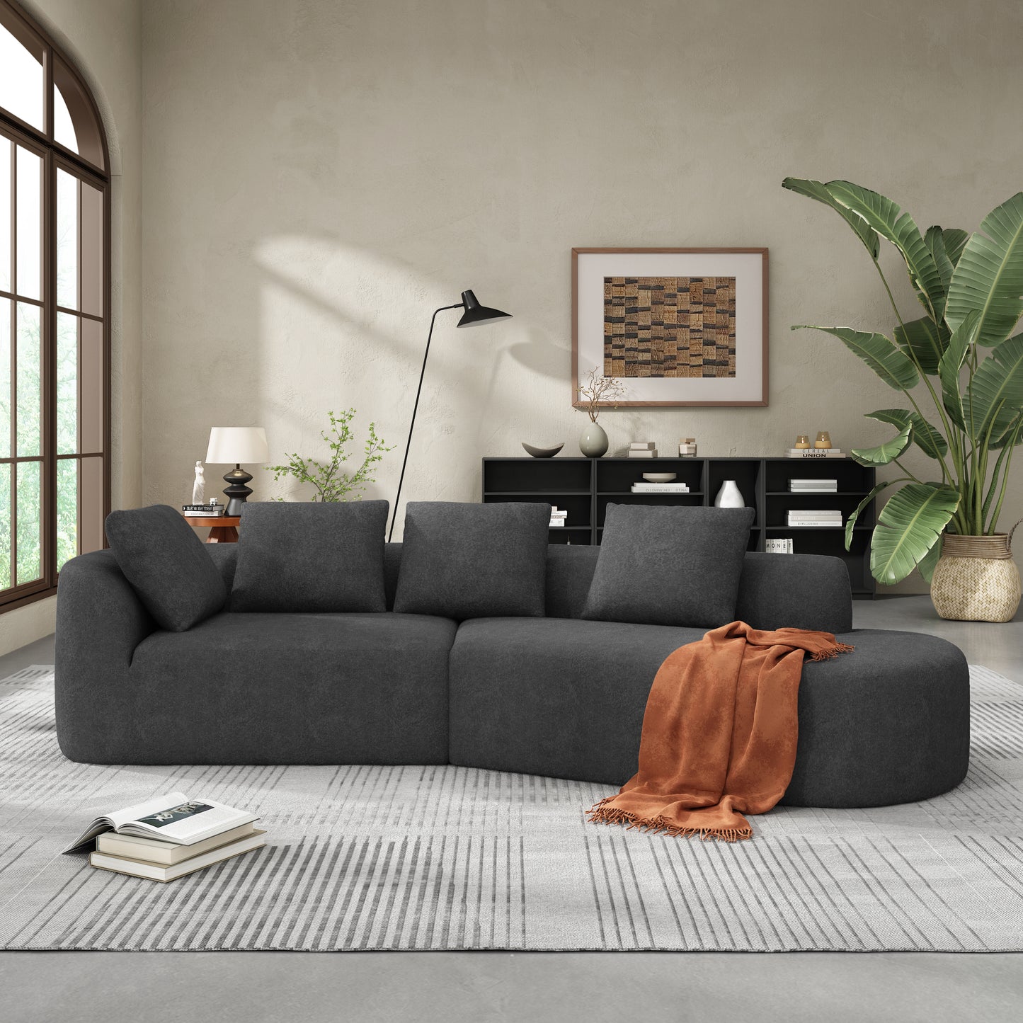 Fully Assembled 116" Modern Curved Sectional with Chaise: High - Density Compressed Sponge, Pearl Upholstery - Ideal for Living Rooms