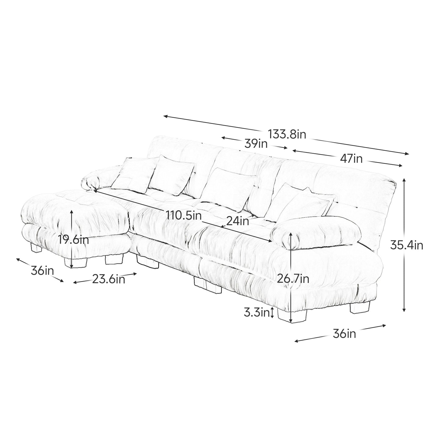 Chenille Cloud Couch: 2 - 4 Seater L - Shape Sofa for Living Room with Pillows