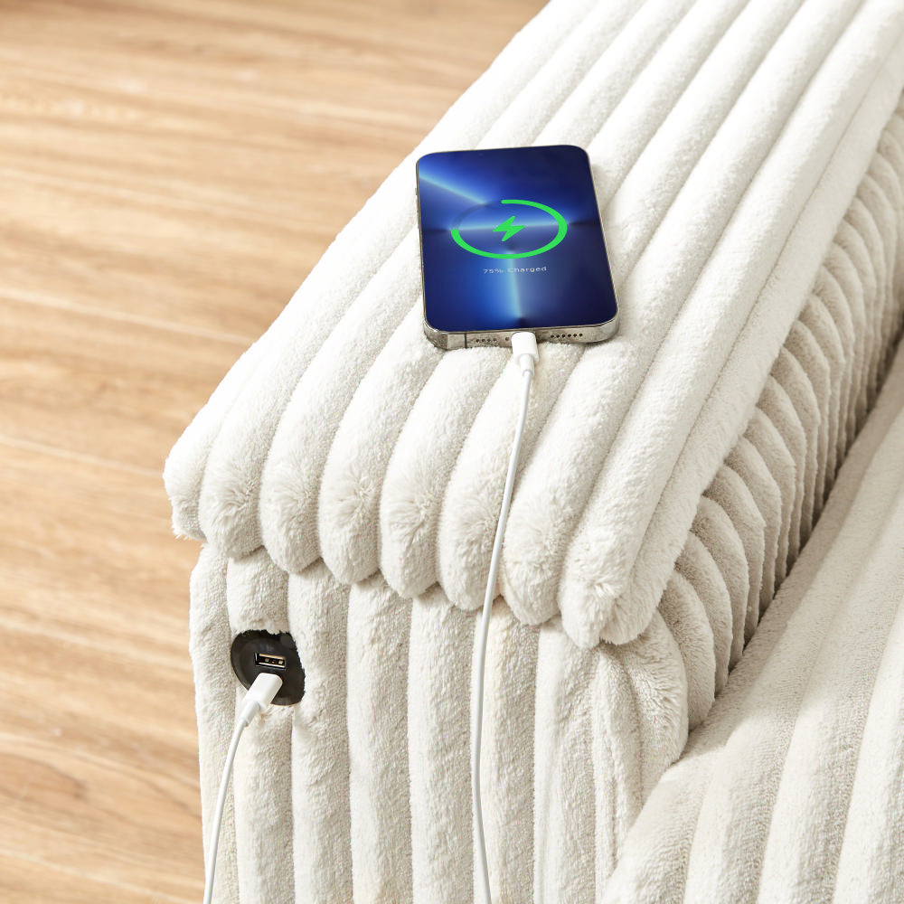 Plush Corduroy Loveseat Sofa  With Square Storage Armrest USB port