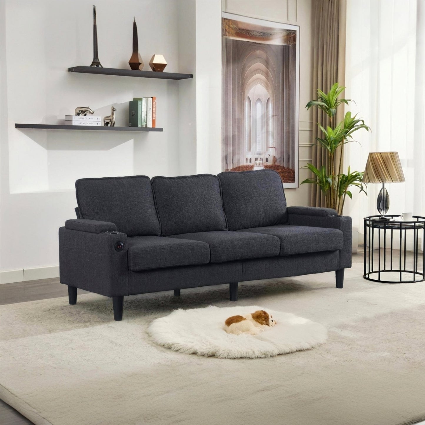 Upholstered sectional Couch, L Shaped knock down 3-seat combo sofa with storage ottoman