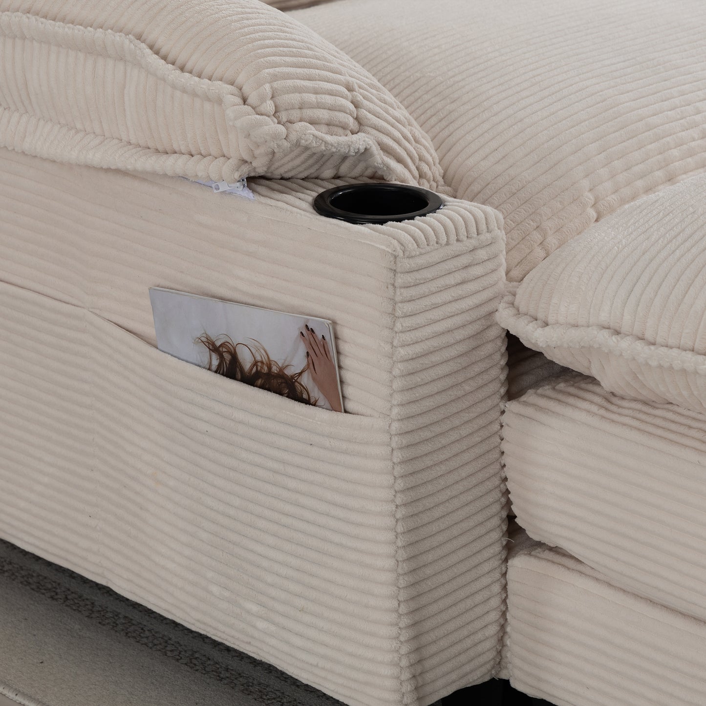Modern 3+1 L-Shaped Corduroy Fabric Sofa – Modular Sectional Cloud Couch w/Ottoman, 35D Sponge, Cup Holders &amp; Storage