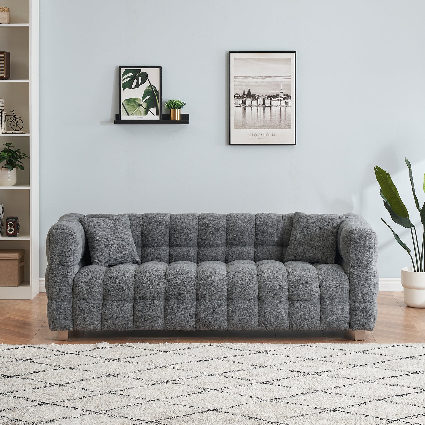 Teddy Fleece Sofa for Living Room or Bedroom, Including Two Throw Pillows & Sturdy Hardware Foot Support