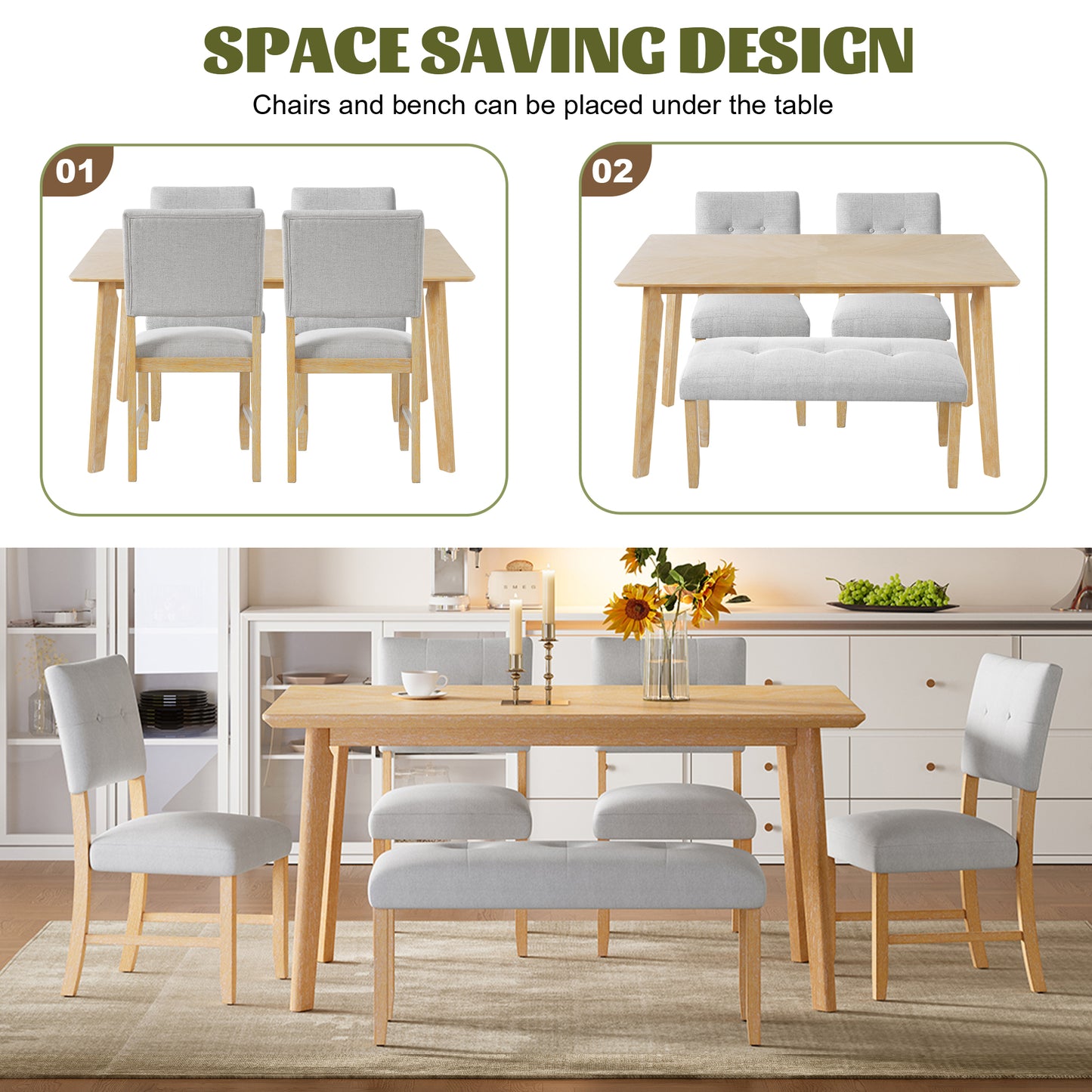 Dining Room Table Set, Rustic Farmhouse Dining Room Rectangular Table with 4 Upholstered Chairs and Bench, Solid Wood Kitchen Dining Table Set for 6 Persons