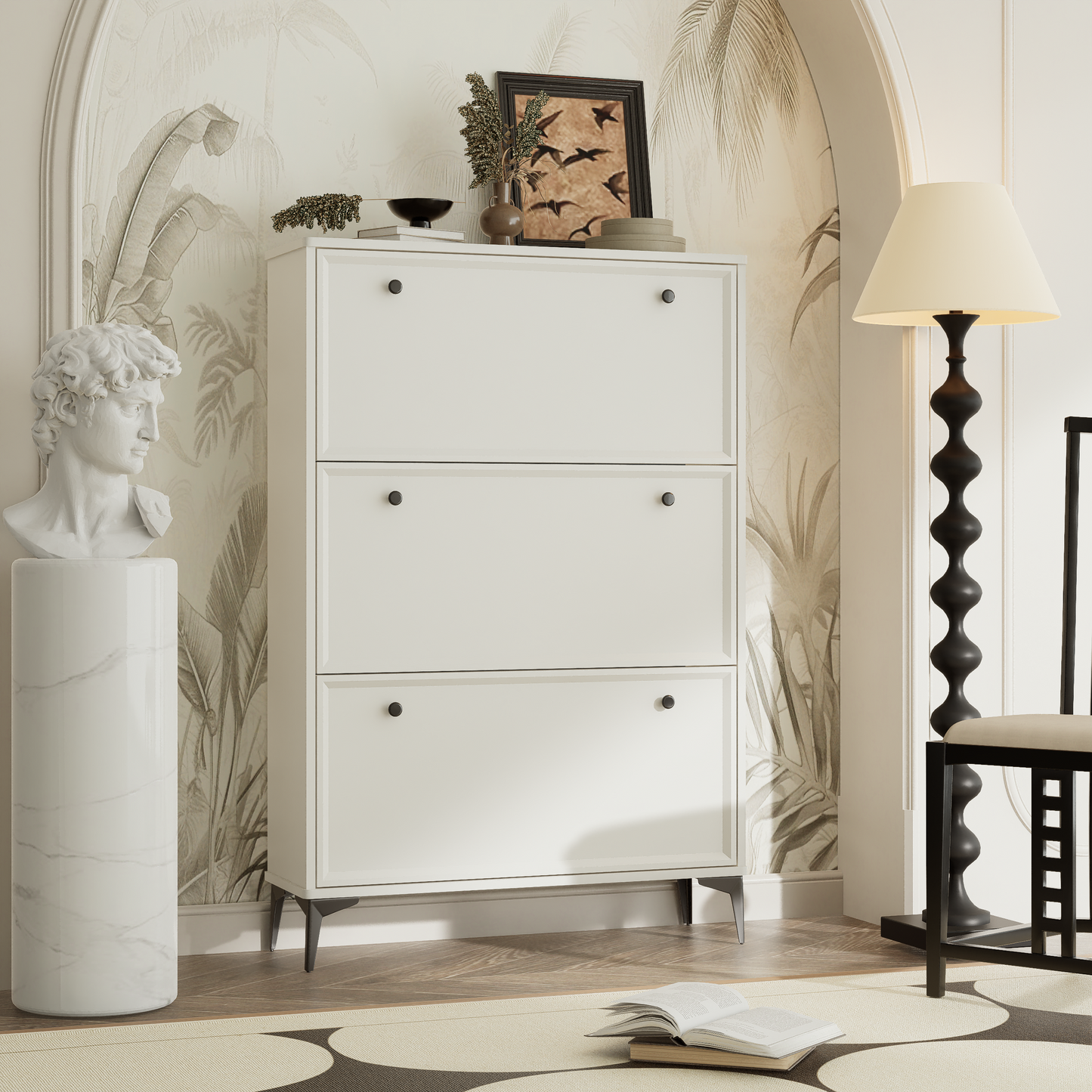 Modern Stylish White Entrance Shoe Cabinet: 3 Flip Drawers, Narrow & Hidden Design