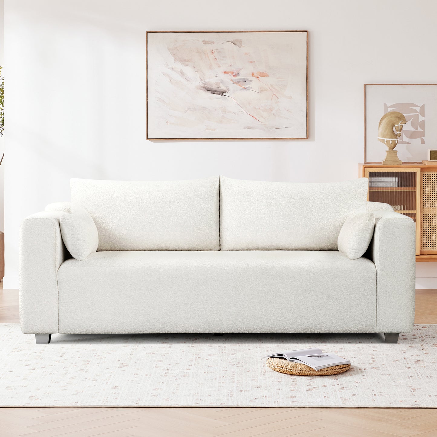 82" Modern Loop Yarn Fabric Sofa: One - Piece Seat, Minimalist 2 - 3 Seat Couch, Easy Install for Living, Bedroom, Apt & Office (2 Pillows)