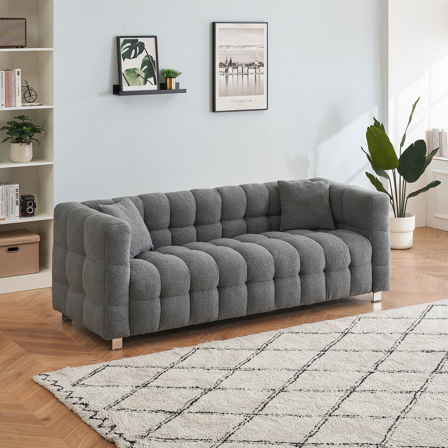 Teddy Fleece Sofa for Living Room or Bedroom, Including Two Throw Pillows & Sturdy Hardware Foot Support