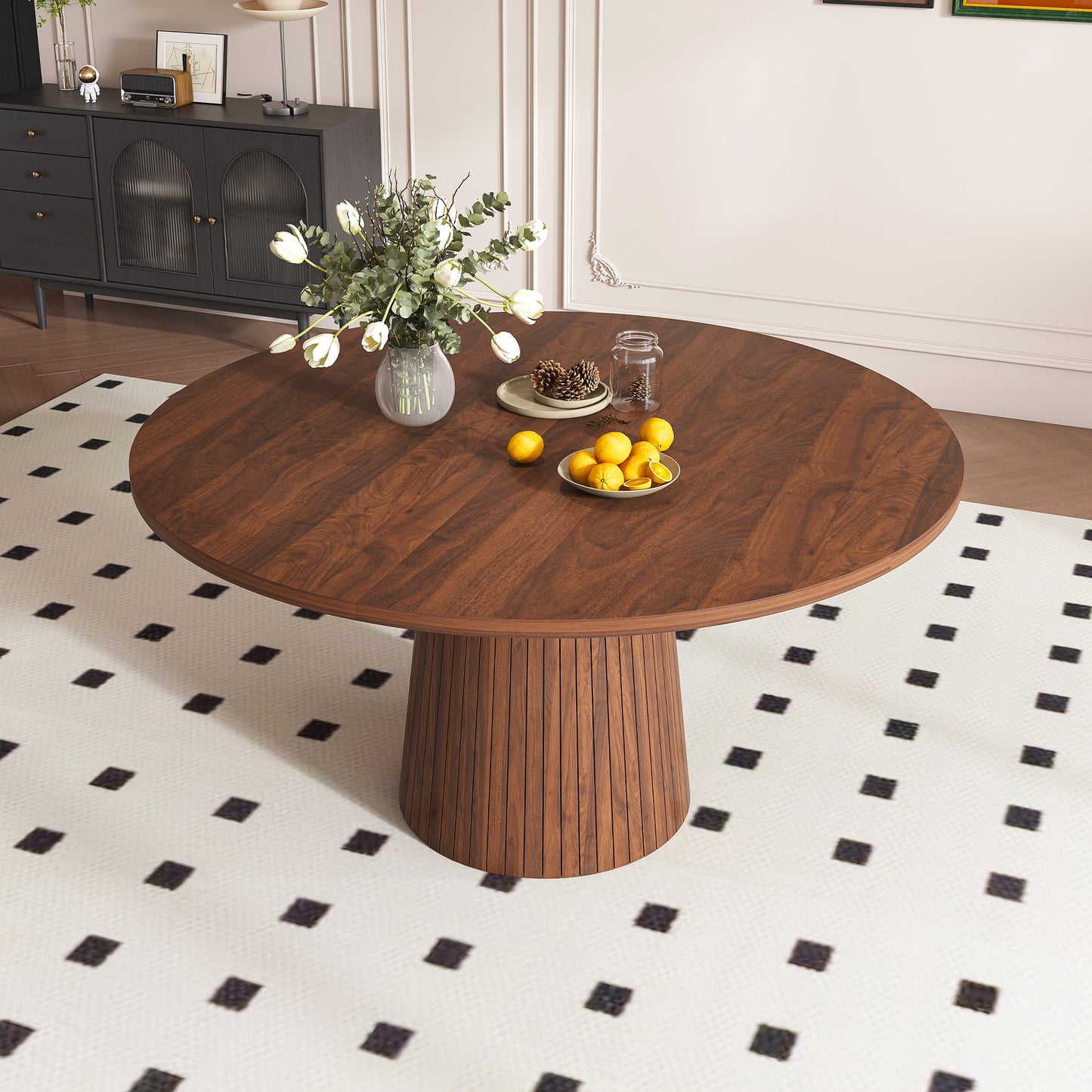 Round MDF Dining Table Modern Farmhouse Kitchen Table with Wood Strip Base