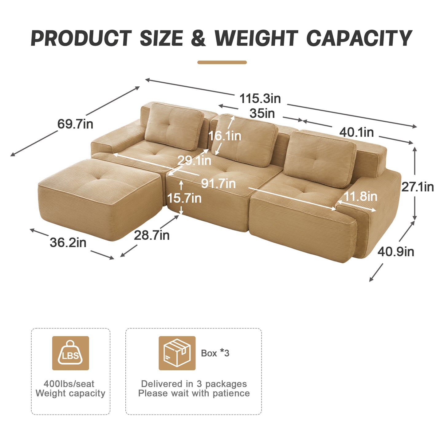 Modular Sectional Sofa for Living Room, Corduroy Fabric Deep Seat and Movable Ottoman, Pearl-like piping, Tufted Design, No Assembly