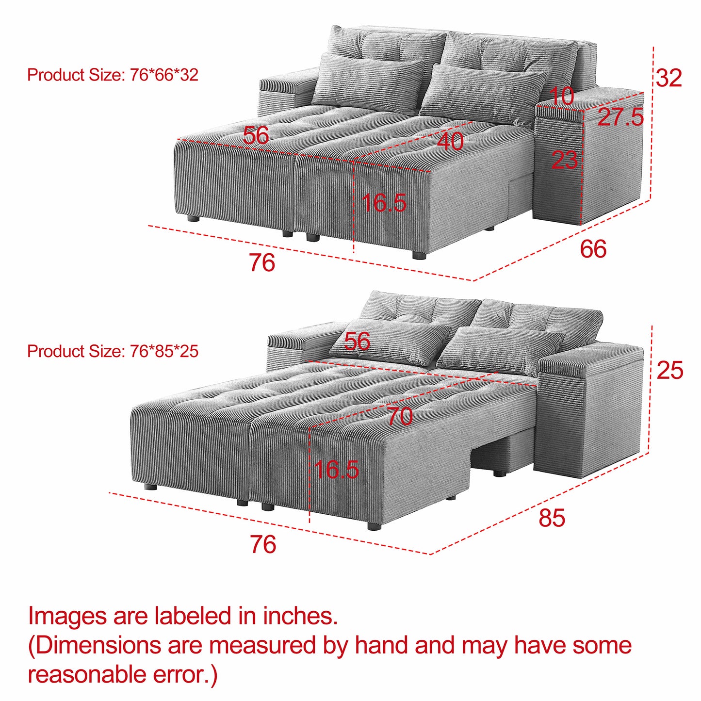 Corduroy Convertible 3 in 1 Sleeper Sofa and Sectional Sofa with 4 Storage Space With 4 pillows
