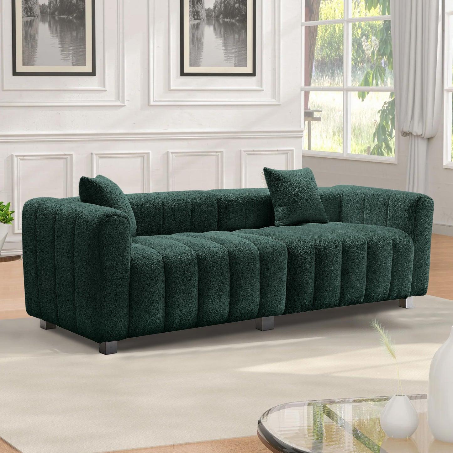 Premium Velvet Sofa 3-Seater Loveseat | Modern Bubble Upholstered Couch with Metal Base Legs + 2 Pillows – Modular Piano Design